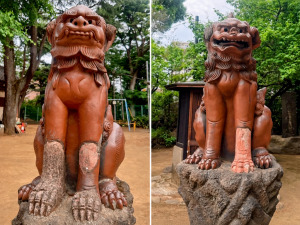 品川神社の珍しい色をした狛犬