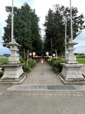 栃木県鹿沼市の磯山神社の参道入口。石灯籠とあじさい、提灯が並ぶ参道